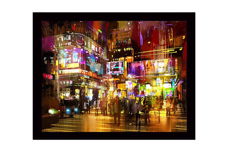 Innrammet lerretsbilde i tre - 41x56 cm - Livlig byscene med neonlys og mennesker i bevegelse, Lilla / Gul / Oransje