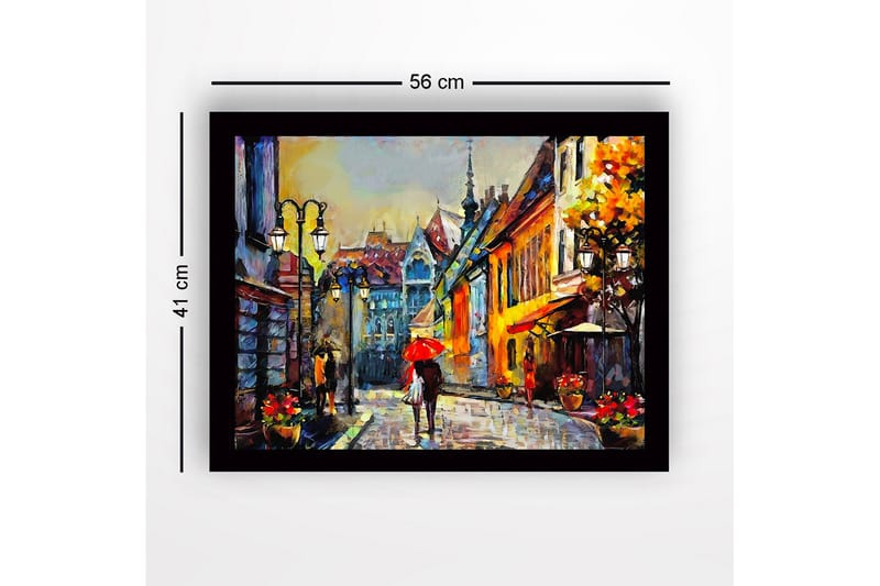 Innrammet lerretsbilde i tre - 41x56 cm - Livlig gate med mennesker og paraplyer i et urbant miljø - Gul / Rød / Blå - Interiør - Maleri & posters - Lerretsbilder