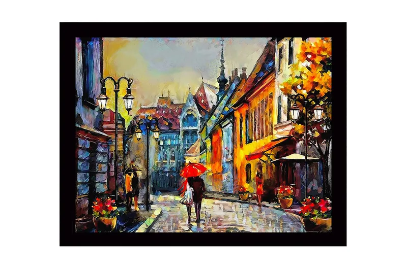 Innrammet lerretsbilde i tre - 41x56 cm - Livlig gate med mennesker og paraplyer i et urbant miljø, Gul / Rød / Blå