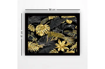 Innrammet lerretsbilde i tre - 41x56 cm - Luksuriøs samling av tropiske blader i gull og svart - Gull / Svart - Interiør - Maleri & posters - Lerretsbilder