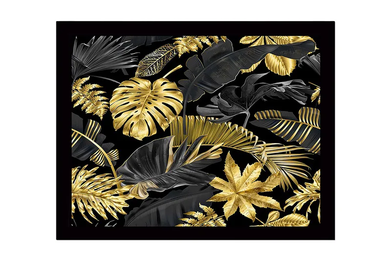 Innrammet lerretsbilde i tre - 41x56 cm - Luksuriøs samling av tropiske blader i gull og svart, Gull / Svart