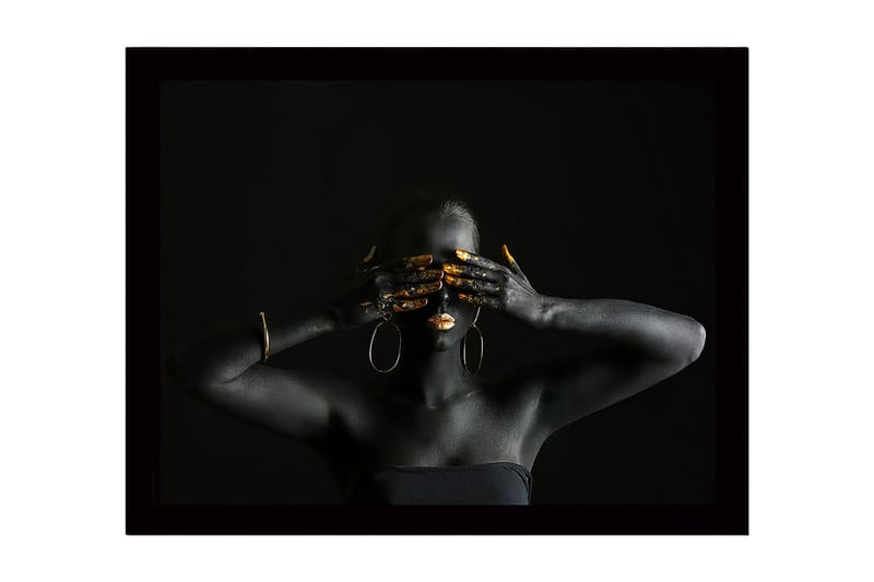 Innrammet lerretsbilde i tre - 41x56 cm - Mørk figur med gulldetaljer som dekker ansikt og hender, Svart / Gull