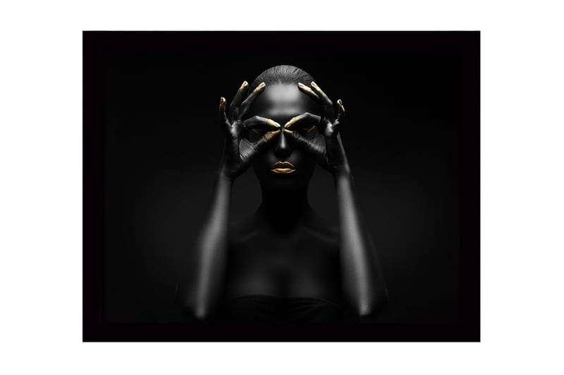 Innrammet lerretsbilde i tre - 41x56 cm - Mørk silhuett av en kvinne med gulldetaljer som danner en maske, Svart / Gull