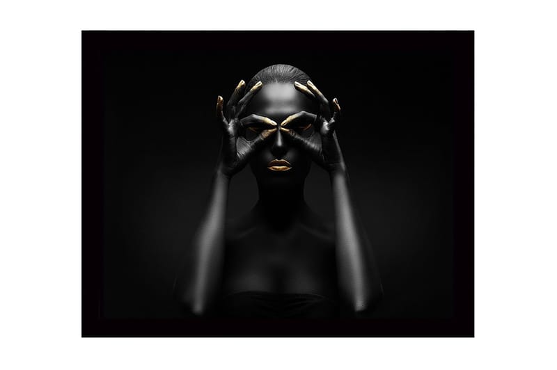 Innrammet lerretsbilde i tre - 41x56 cm - Mørk silhuett av en kvinne med gulldetaljer som danner en maske, Svart / Gull