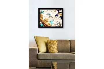 Innrammet lerretsbilde i tre - 41x56 cm - Maritim ro med skjell, stjerner og livbøye - Blå / Beige / Oransje - Interiør - Maleri & posters - Lerretsbilder