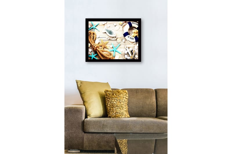 Innrammet lerretsbilde i tre - 41x56 cm - Maritim ro med skjell, stjerner og livbøye - Blå / Beige / Oransje - Interiør - Maleri & posters - Lerretsbilder