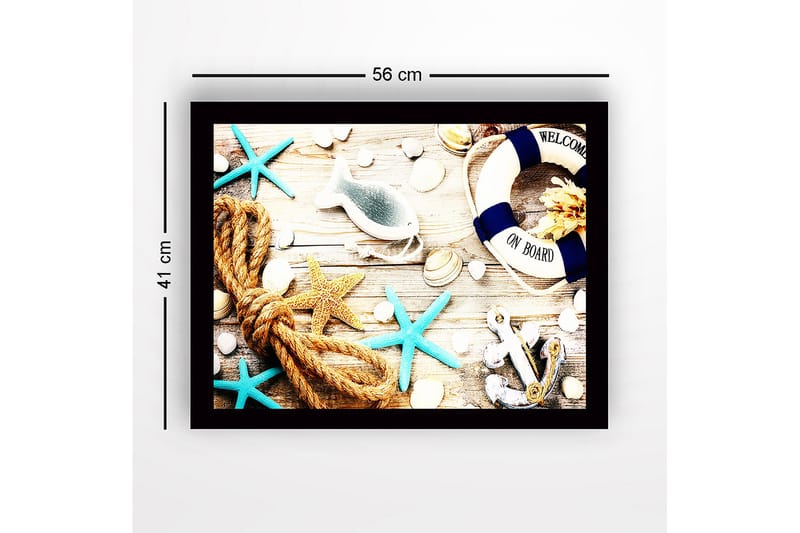 Innrammet lerretsbilde i tre - 41x56 cm - Maritim ro med skjell, stjerner og livbøye - Blå / Beige / Oransje - Interiør - Maleri & posters - Lerretsbilder