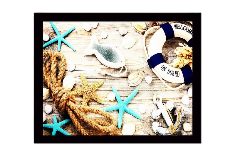 Innrammet lerretsbilde i tre - 41x56 cm - Maritim ro med skjell, stjerner og livbøye, Blå / Beige / Oransje