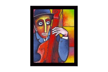 Innrammet lerretsbilde i tre - 41x56 cm - Musiker med kontrabass i en fargerik komposisjon - Rød / Blå / Gul - Interiør - Maleri & posters - Lerretsbilder