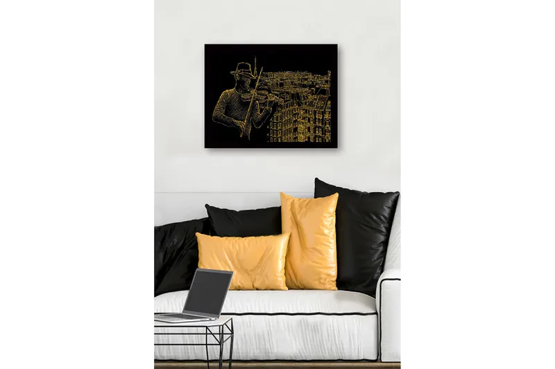 Innrammet lerretsbilde i tre - 41x56 cm - Musiker som spiller fiolin med en bysilhuett i bakgrunnen - Gull / Svart - Interiør - Maleri & posters - Lerretsbilder