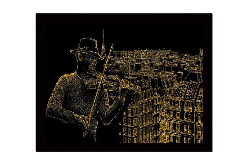 Innrammet lerretsbilde i tre - 41x56 cm - Musiker som spiller fiolin med en bysilhuett i bakgrunnen - Gull / Svart - Interiør - Maleri & posters - Lerretsbilder