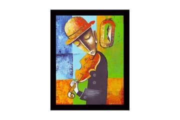 Innrammet lerretsbilde i tre - 41x56 cm - Musiker som spiller fiolin med en følelse av tidens gang - Blå / Grønn / Oransje - Interiør - Maleri & posters - Lerretsbilder