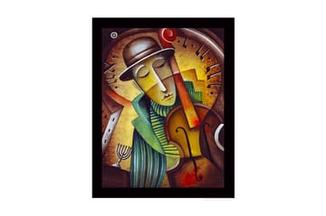 Innrammet lerretsbilde i tre - 41x56 cm - Musiker som spiller fiolin med et drømmende uttrykk - Gull / Grønn / Brun - Interiør - Maleri & posters - Lerretsbilder