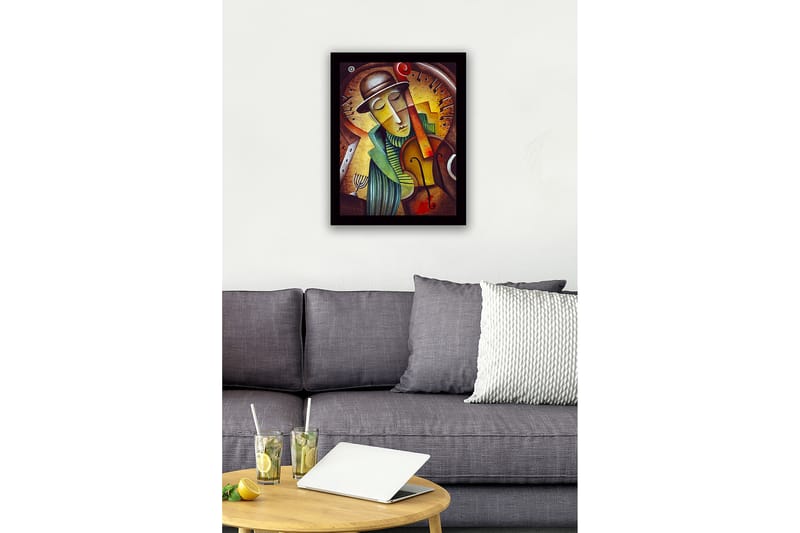 Innrammet lerretsbilde i tre - 41x56 cm - Musiker som spiller fiolin med et drømmende uttrykk - Gull / Grønn / Brun - Interiør - Maleri & posters - Lerretsbilder