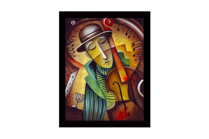 Innrammet lerretsbilde i tre - 41x56 cm - Musiker som spiller fiolin med et drømmende uttrykk, Gull / Grønn / Brun