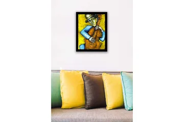 Innrammet lerretsbilde i tre - 41x56 cm - Musiker som spiller kontrabass med emosjonelt uttrykk - Gul / Blå / Brun - Interiør - Maleri & posters - Lerretsbilder