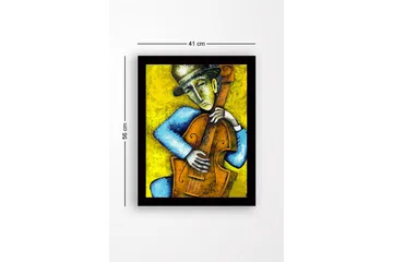 Innrammet lerretsbilde i tre - 41x56 cm - Musiker som spiller kontrabass med emosjonelt uttrykk - Gul / Blå / Brun - Interiør - Maleri & posters - Lerretsbilder