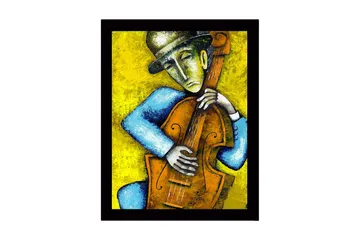 Innrammet lerretsbilde i tre - 41x56 cm - Musiker som spiller kontrabass med emosjonelt uttrykk - Gul / Blå / Brun - Interiør - Maleri & posters - Lerretsbilder
