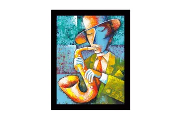 Innrammet lerretsbilde i tre - 41x56 cm - Musiker som spiller saksofon i en fargerik og uttrykksfull stil - Gul / Grønn / Blå - Interiør - Maleri & posters - Lerretsbilder