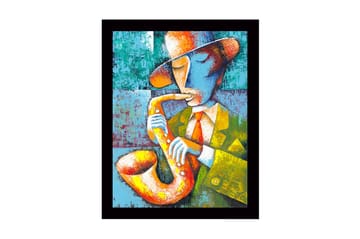 Innrammet lerretsbilde i tre - 41x56 cm - Musiker som spiller saksofon i en fargerik og uttrykksfull stil - Gul / Grønn / Blå - Interiør - Maleri & posters - Lerretsbilder
