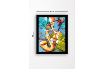 Innrammet lerretsbilde i tre - 41x56 cm - Musiker som spiller saksofon i en fargerik og uttrykksfull stil - Gul / Grønn / Blå - Interiør - Maleri & posters - Lerretsbilder