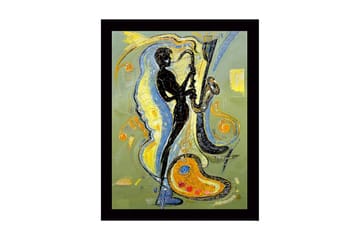 Innrammet lerretsbilde i tre - 41x56 cm - Musiker som spiller saksofon med fargerike husker rundt omkring - Svart / Gul / Blå - Interiør - Maleri & posters - Lerretsbilder