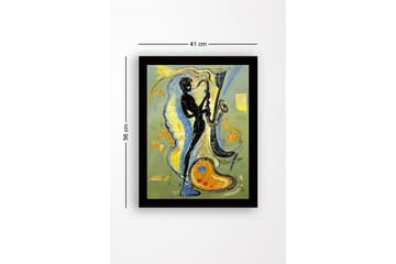 Innrammet lerretsbilde i tre - 41x56 cm - Musiker som spiller saksofon med fargerike husker rundt omkring - Svart / Gul / Blå - Interiør - Maleri & posters - Lerretsbilder