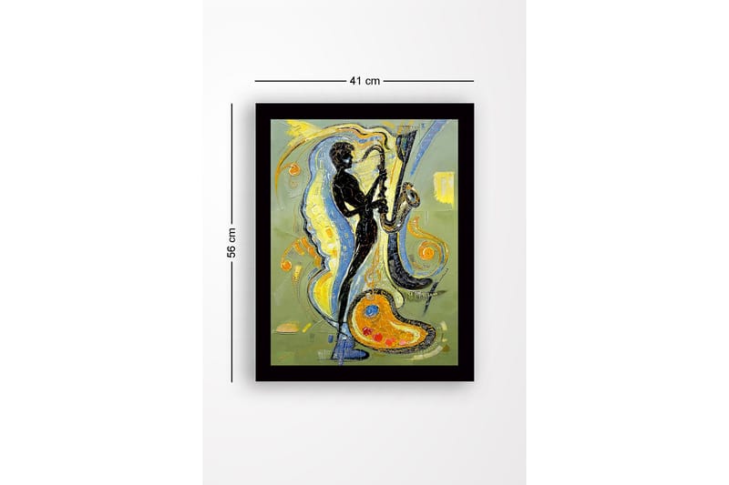 Innrammet lerretsbilde i tre - 41x56 cm - Musiker som spiller saksofon med fargerike husker rundt omkring - Svart / Gul / Blå - Interiør - Maleri & posters - Lerretsbilder