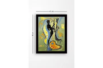 Innrammet lerretsbilde i tre - 41x56 cm - Musiker som spiller saksofon med fargerike husker rundt omkring - Svart / Gul / Blå - Interiør - Maleri & posters - Lerretsbilder