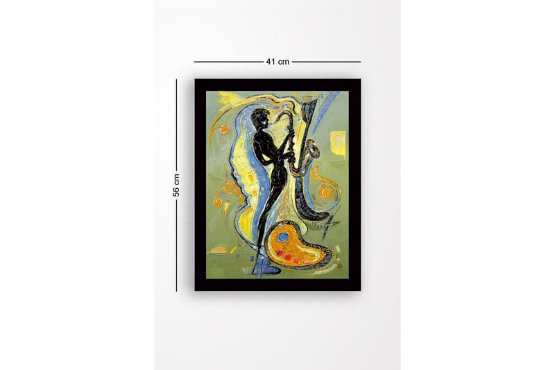 Innrammet lerretsbilde i tre - 41x56 cm - Musiker som spiller saksofon med fargerike husker rundt omkring - Svart / Gul / Blå - Interiør - Maleri & posters - Lerretsbilder