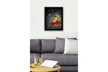 Innrammet lerretsbilde i tre - 41x56 cm - Naken kvinne hviler på en halvmåne omgitt av stjerner - Gull / Rød / Grå - Interiør - Maleri & posters - Lerretsbilder