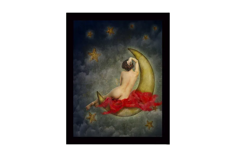 Innrammet lerretsbilde i tre - 41x56 cm - Naken kvinne hviler på en halvmåne omgitt av stjerner, Gull / Rød / Grå