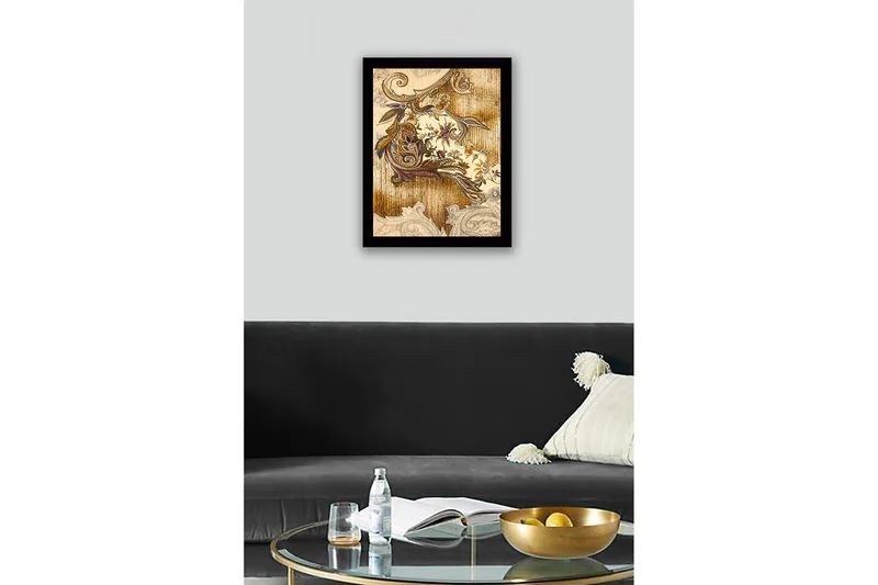 Innrammet lerretsbilde i tre - 41x56 cm - Ornamentalt mønster med blomster og bladverk - Gull / Brun / Lilla - Interiør - Maleri & posters - Lerretsbilder