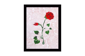 Innrammet lerretsbilde i tre - 41x56 cm - Rød rose med grønne blader på en myk marmorlignende bakgrunn - Rød / Grønn / Lys rosa - Interiør - Maleri & posters - Lerretsbilder