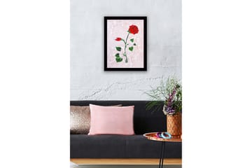 Innrammet lerretsbilde i tre - 41x56 cm - Rød rose med grønne blader på en myk marmorlignende bakgrunn - Rød / Grønn / Lys rosa - Interiør - Maleri & posters - Lerretsbilder