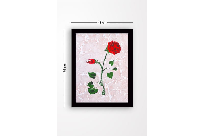 Innrammet lerretsbilde i tre - 41x56 cm - Rød rose med grønne blader på en myk marmorlignende bakgrunn - Rød / Grønn / Lys rosa - Interiør - Maleri & posters - Lerretsbilder