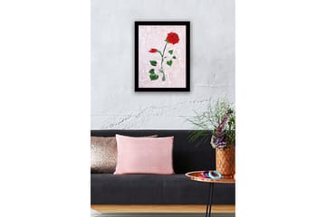 Innrammet lerretsbilde i tre - 41x56 cm - Rød rose med grønne blader på en myk marmorlignende bakgrunn - Rød / Grønn / Lys rosa - Interiør - Maleri & posters - Lerretsbilder