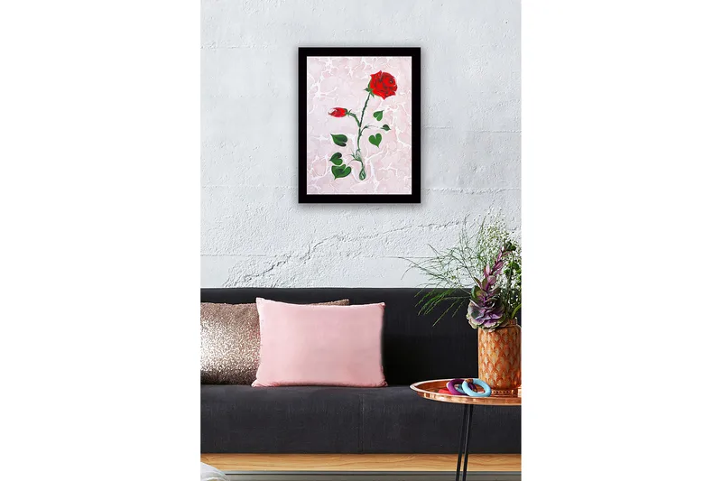 Innrammet lerretsbilde i tre - 41x56 cm - Rød rose med grønne blader på en myk marmorlignende bakgrunn - Rød / Grønn / Lys rosa - Interiør - Maleri & posters - Lerretsbilder