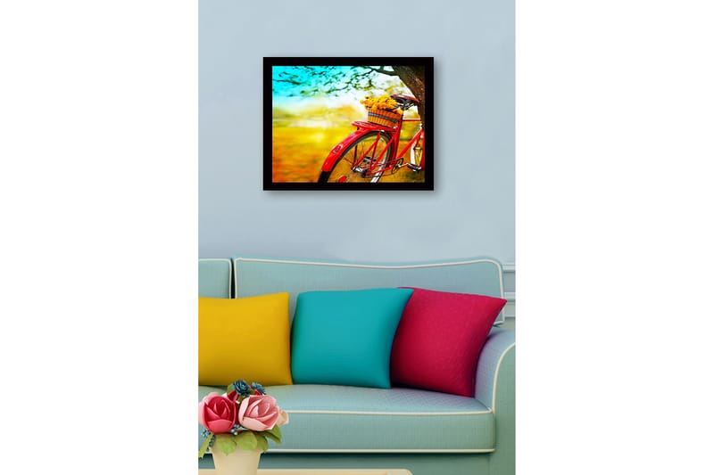 Innrammet lerretsbilde i tre - 41x56 cm - Rød sykkel med en kurv fylt med blomster - Rød / Gul / Grønn - Interiør - Maleri & posters - Lerretsbilder