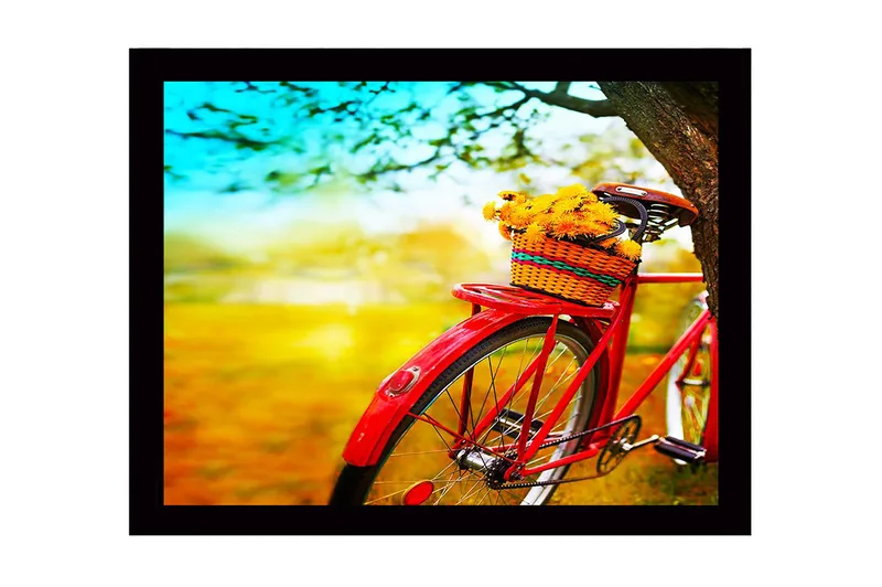 Innrammet lerretsbilde i tre - 41x56 cm - Rød sykkel med en kurv fylt med blomster, Rød / Gul / Grønn