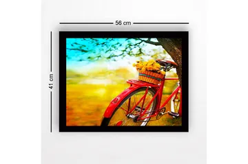 Innrammet lerretsbilde i tre - 41x56 cm - Rød sykkel med en kurv fylt med blomster - Rød / Gul / Grønn - Interiør - Maleri & posters - Lerretsbilder