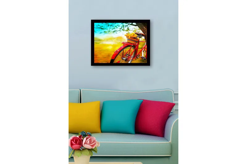 Innrammet lerretsbilde i tre - 41x56 cm - Rød sykkel med en kurv fylt med blomster - Rød / Gul / Grønn - Interiør - Maleri & posters - Lerretsbilder