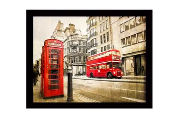 Innrammet lerretsbilde i tre - 41x56 cm - Rød telefonkiosk i urbane omgivelser med en dobbeltdekkerbuss i bevegelse - Rød / Grå / Beige - Interiør - Maleri & posters - Lerretsbilder