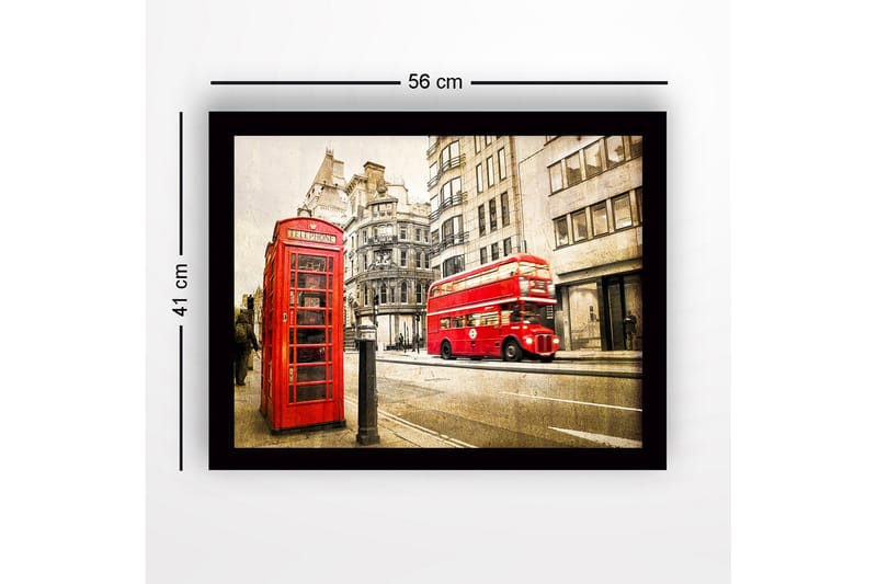 Innrammet lerretsbilde i tre - 41x56 cm - Rød telefonkiosk i urbane omgivelser med en dobbeltdekkerbuss i bevegelse - Rød / Grå / Beige - Interiør - Maleri & posters - Lerretsbilder
