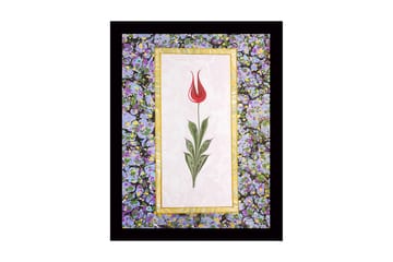 Innrammet lerretsbilde i tre - 41x56 cm - Rød tulipan med grønne blader på lys bakgrunn - Rød / Grønn / Lilla - Interiør - Maleri & posters - Lerretsbilder