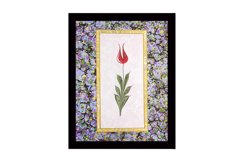 Innrammet lerretsbilde i tre - 41x56 cm - Rød tulipan med grønne blader på lys bakgrunn, Rød / Grønn / Lilla