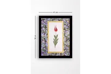 Innrammet lerretsbilde i tre - 41x56 cm - Rød tulipan med grønne blader på lys bakgrunn - Rød / Grønn / Lilla - Interiør - Maleri & posters - Lerretsbilder