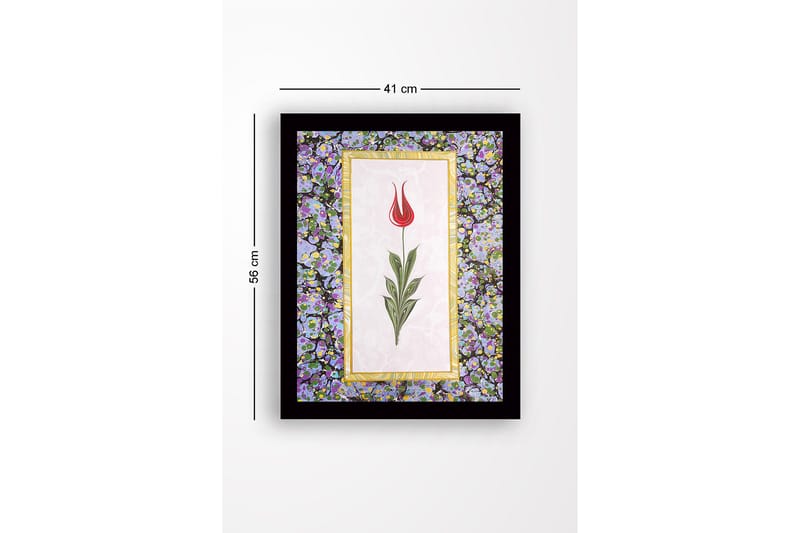 Innrammet lerretsbilde i tre - 41x56 cm - Rød tulipan med grønne blader på lys bakgrunn - Rød / Grønn / Lilla - Interiør - Maleri & posters - Lerretsbilder