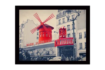 Innrammet lerretsbilde i tre - 41x56 cm - Rød vindmølle med neonlys på Moulin Rouge - Rød / Svart / Grå - Interiør - Maleri & posters - Lerretsbilder