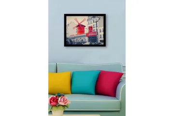 Innrammet lerretsbilde i tre - 41x56 cm - Rød vindmølle med neonlys på Moulin Rouge - Rød / Svart / Grå - Interiør - Maleri & posters - Lerretsbilder